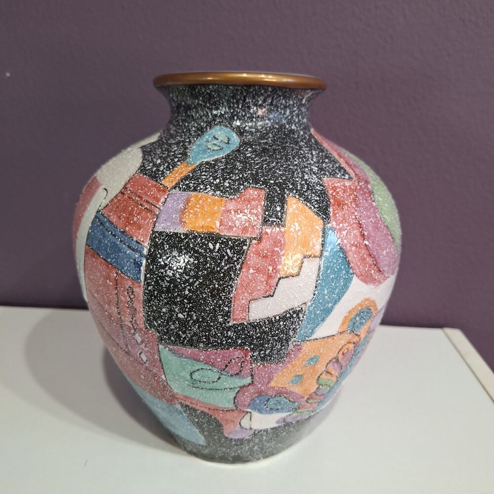 Vintage large 90s wide vase Asian geometric print - Picture 4 of 8